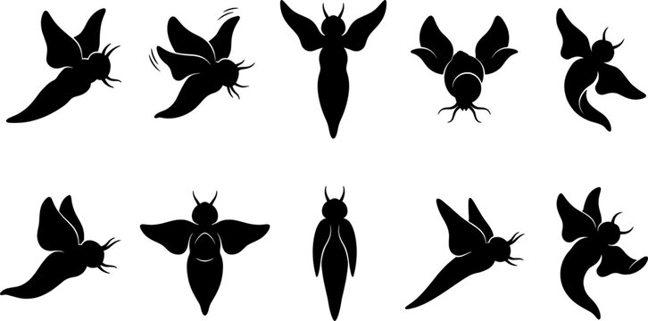 Set of moth silhouettes featuring symmetrical insect shapes for pattern design and branding assets