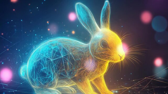 Four rabbits appear in a digital space filled with bright lines and glowing shapes. Each rabbit changes color and moves in a charming way, creating a lively display