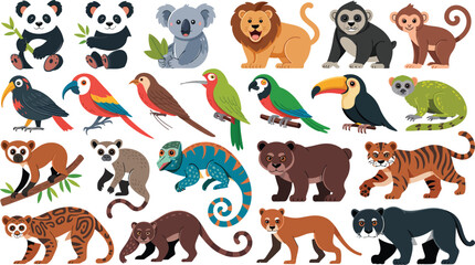 Fototapeta premium Collection of 20 cartoon-style animals, including pandas, koalas, lions, and monkeys.