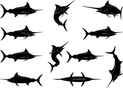 Swordfish silhouette collection showing large predatory billfish swimming and jumping in various perspectives