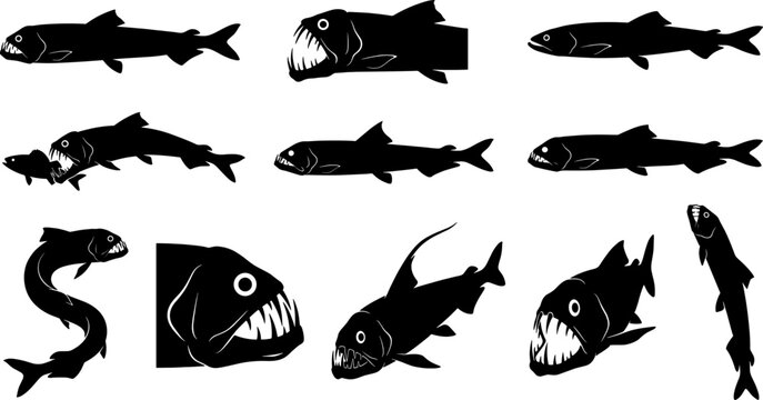 Terrifying set of deep sea anglerfish silhouettes with sharp teeth and fangs