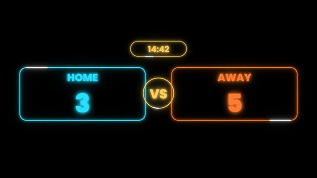 Neon sports scoreboard with home versus away score and game timer counting up animation