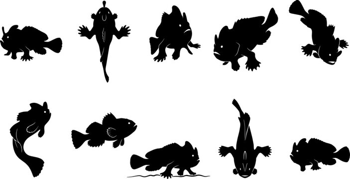 Unique set of frogfish silhouettes swimming and walking on the ocean floor