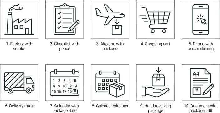Logistics icon set featuring factory checklist airplane shopping cart phone delivery truck and calendar box.