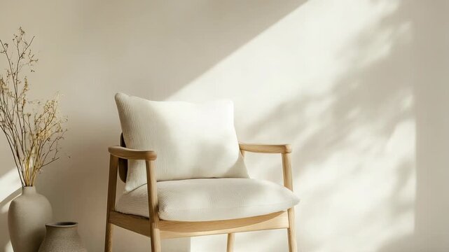 Sunlight fills a room as it shines through a window. Shadows dance on a chair while a vase with dried flowers adds beauty to the setting. Simple yet lovely details make the space inviting