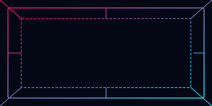 Abstract vector 3D wireframe box with gradient lines on dark background design.