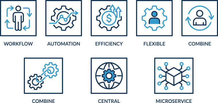 Professional business workflow icons featuring automation efficiency and central microservice architecture.