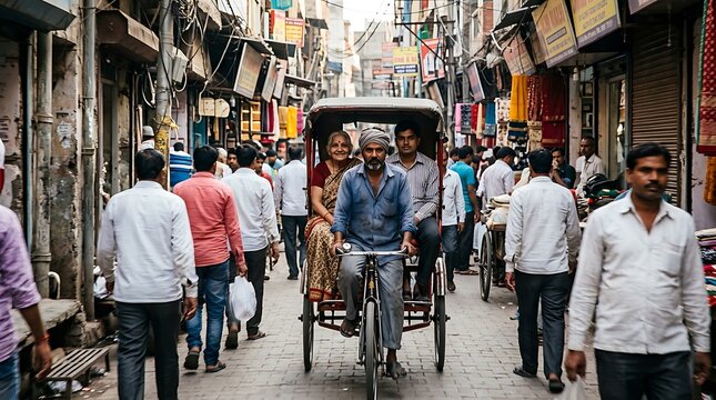Cycle Rickshaw Driver in a Busy Crowded Indian Market Street