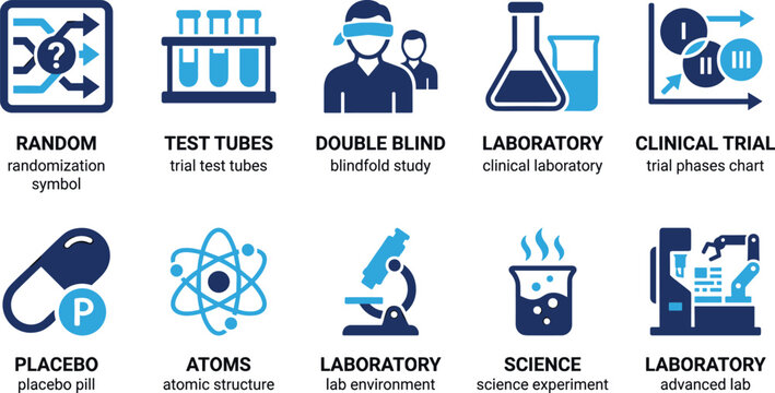 Random, test tubes, double blind, laboratory, clinical trial, placebo, atoms, science. vector illustration.