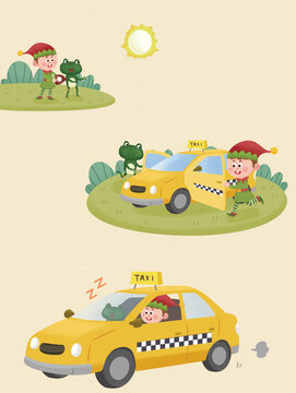 Under the bright sun, the elf chats with the frog, opens the taxi door to let the frog get in, then drives the yellow taxi as the frog sleeps peacefully in the passenger seat.
