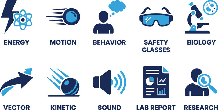 Scientific icons set for physics experiments energy studies motion analysis laboratory research reporting.