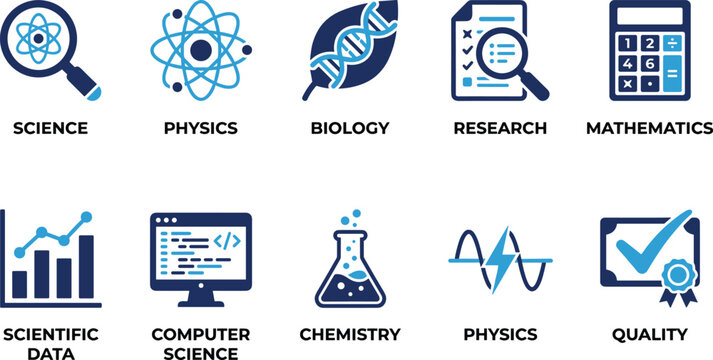 Scientific data analysis icons set with chemistry physics biology research mathematics and computer science.