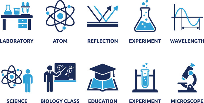 Scientific laboratory education icons featuring atom reflection experiment wavelength microscope and biology.