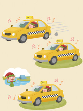 The elf drives a yellow taxi with a sleeping frog passenger, slows the car down, and imagines phoning beside a waterfall as they keep traveling with music playing.

