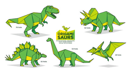 Origami Dinosaurs Set: T-Rex, Triceratops, Stegosaurus, Brachiosaurus, Pterodactyl © Fredik