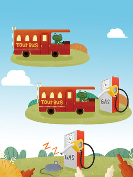 A frog drives a tour bus, pulls up beside a gas pump to refuel, and finds a little mouse sleeping next to the pump.
