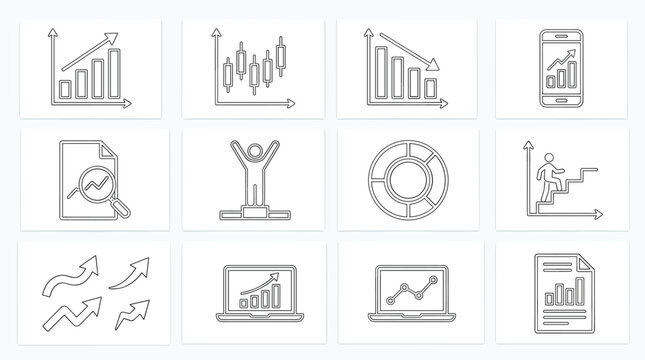 Set of business and finance line icons showing various charts, graphs, and performance indicators.