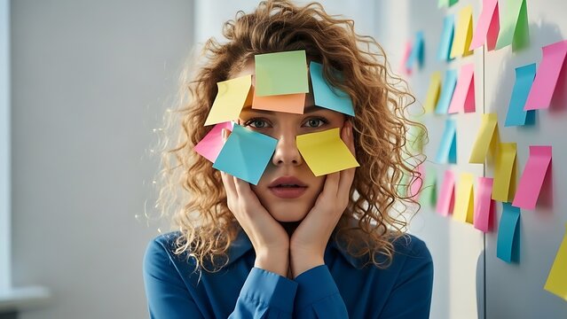 Woman with sticky notes on her face, overwhelmed, facing forward, holding face