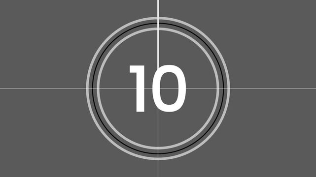 Classic 15 second film countdown animation in 4k resolution, realistic old film countdown, classic cinema projector timer effect, vintage movie leader with scratches, dust particles and grain texture.