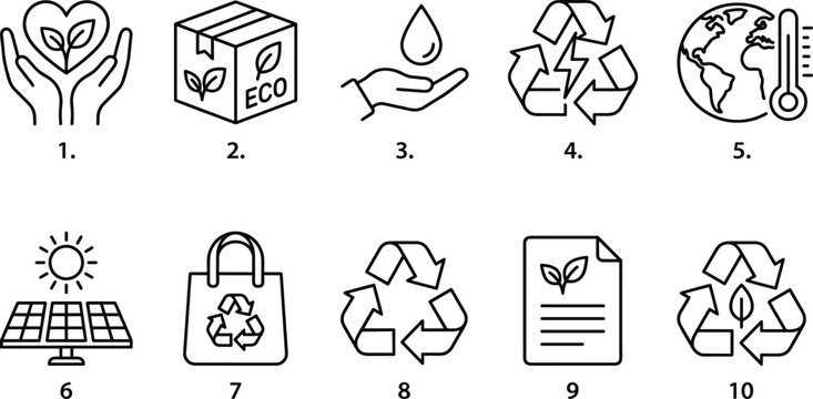 Set of numbered line vector icons representing environmental friendly practices and green living concepts now.