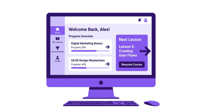 Computer screen showing online learning dashboard with courses