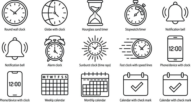 Variety of linear time and date icons including clocks calendars notification bells and phone devices set.