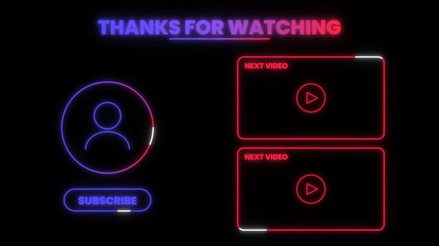 Neon video outro end screen with subscribe button and next video placeholders creator template animation
