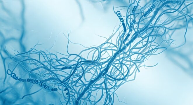 Microscopic view of blue spiral and filamentous bacteria in a light blue background