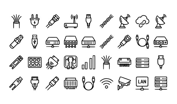 Networking and Electrical Cable Line Icon Collection Vector Connector Set