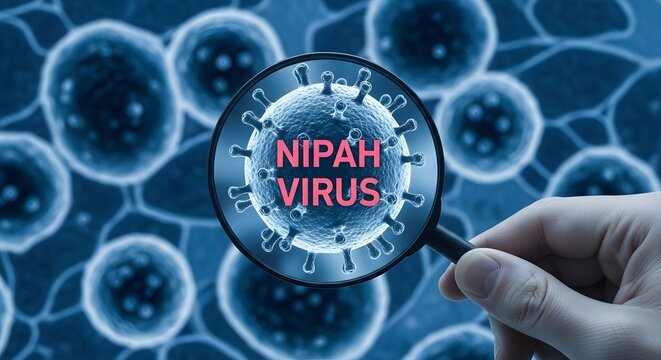 Nipah Virus magnified by hand held magnifying glass on blue cell background image