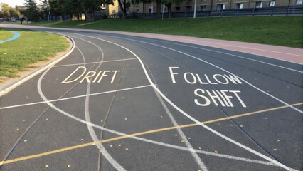 Obraz premium Track Lane Markings for Running Sports with Words Drift Follow and Shift on Outdoor Asphalt Surface for Athletic Activities and Training