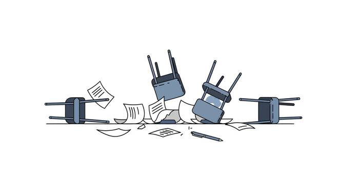 Overturned office chairs and scattered papers on the floor, depicting a scene of chaos and disarray.