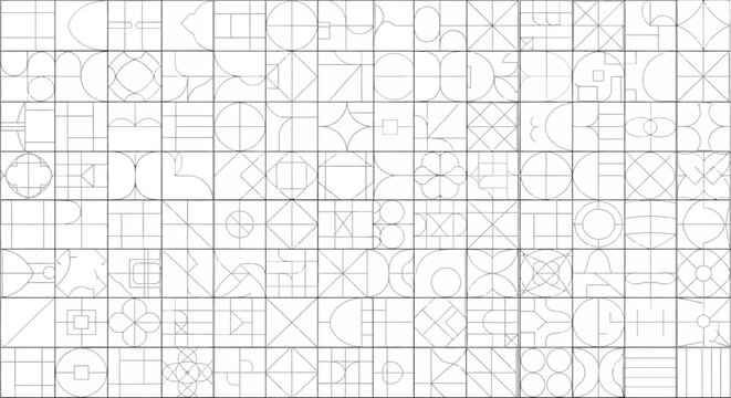 Minimalist geometric line icon set with abstract modern wireframe symbols on white background
