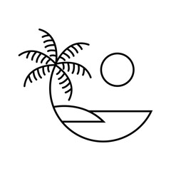 Logo agencia de viajes. Vacaciones de verano. Dibujo minimalista con lineas de un círculo con una palmera en una isla, con un sol en el cielo © teracreonte