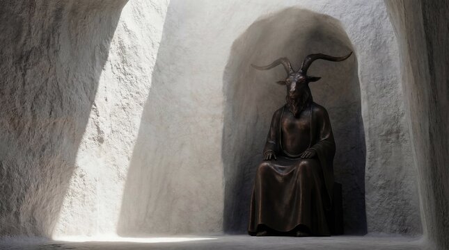 Horned bronze deity seated in stone sanctuary