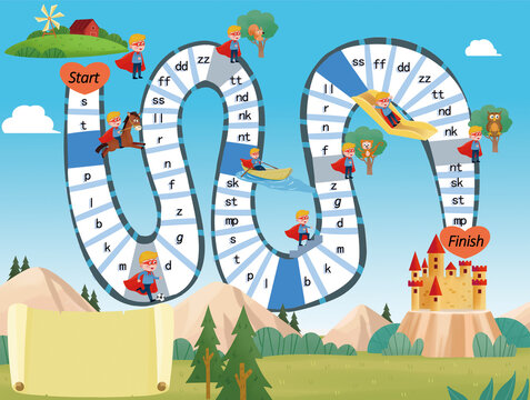 This fairy-tale path board game with superhero boy characters contains alphabet and consonant blend tiles for children's phonics practice.

