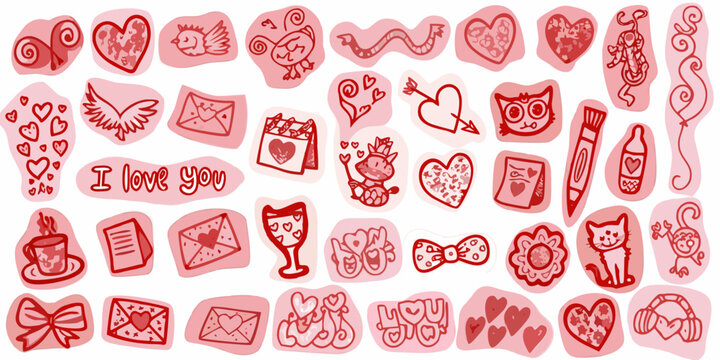 romantic stickers in pink and red vector style illustration hearts love cupid