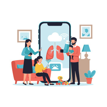Family Learns Lung Health With Mobile App On Large Screen.