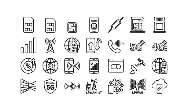 Mobile data technology icons with SIM card hotspot and network symbols black and white