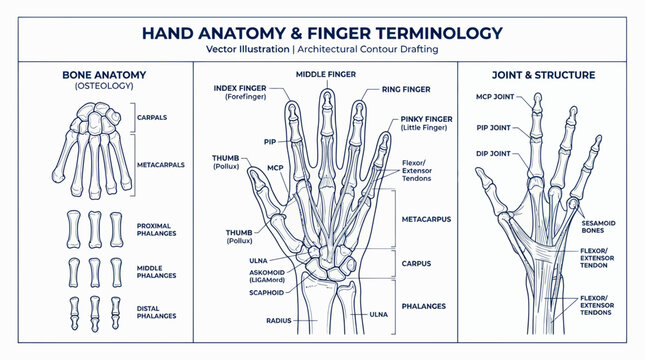 Hand Anatomy and Finger Terminology Vector Illustration - Bones, Joints, Structure