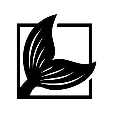 Logo fauna marina. Dibujo minimalista de la silueta de una cola de pez, en diagonal en un cuadrado con l&iacute;neas 