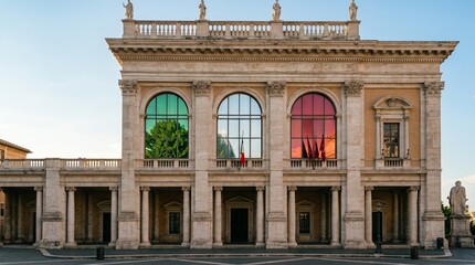 Colorful Italian Republic Day celebration with historic neoclassical building facade and national flags