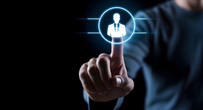 Person touching glowing blue user icon on dark background hand finger