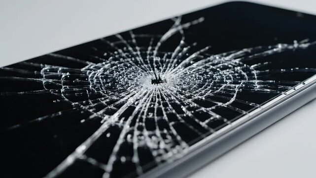 Modern smartphone with a shattered and cracked glass display screen lying on a flat surface