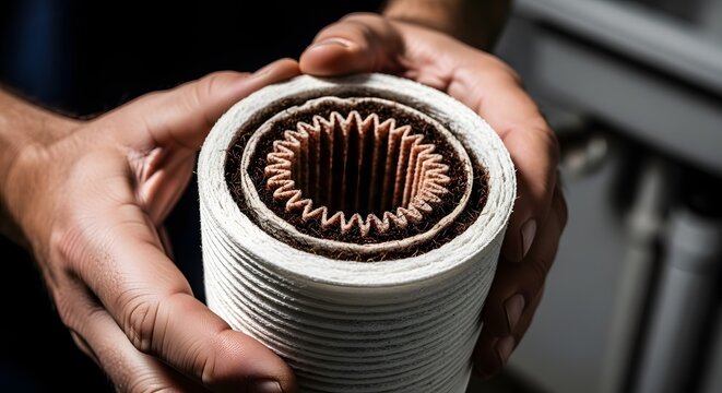 Close up of a skilled technician holding a newly wound electric motor stator with copper windings.
