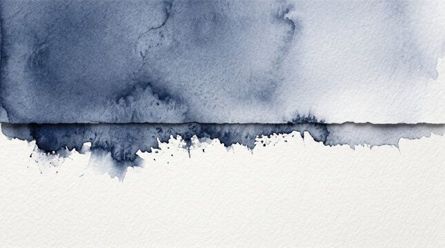 Abstract indigo blue watercolor wash on white textured paper with torn deckle edges and artistic ink splatters. Navy minimalist design background.