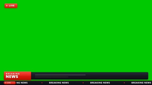 Breaking news broadcast green screen lower third with live badge and scrolling ticker chroma key animation