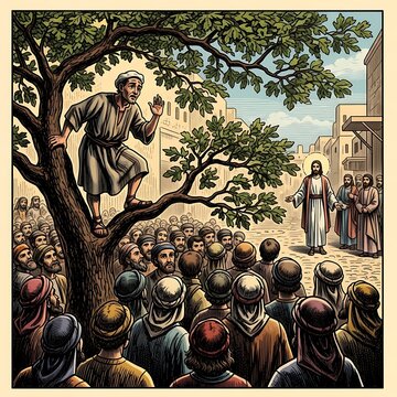 Biblical Man Climbing Leafy Tree Above Crowd in Ancient City Street