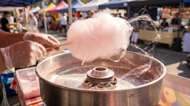Vendor making fluffy pink cotton candy at outdoor market fair, sweet carnival treat spinning on machine with festive summer atmosphere.