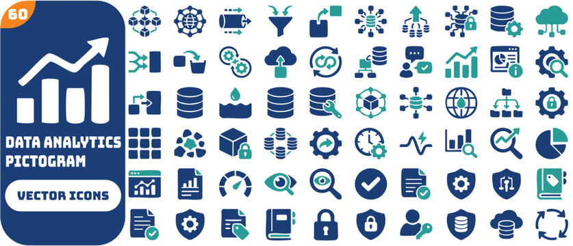 Data driven icon set featuring big data architecture, data pipeline, ingestion, analytics, visualization, storage, cloud integration, data quality, and database security symbols.